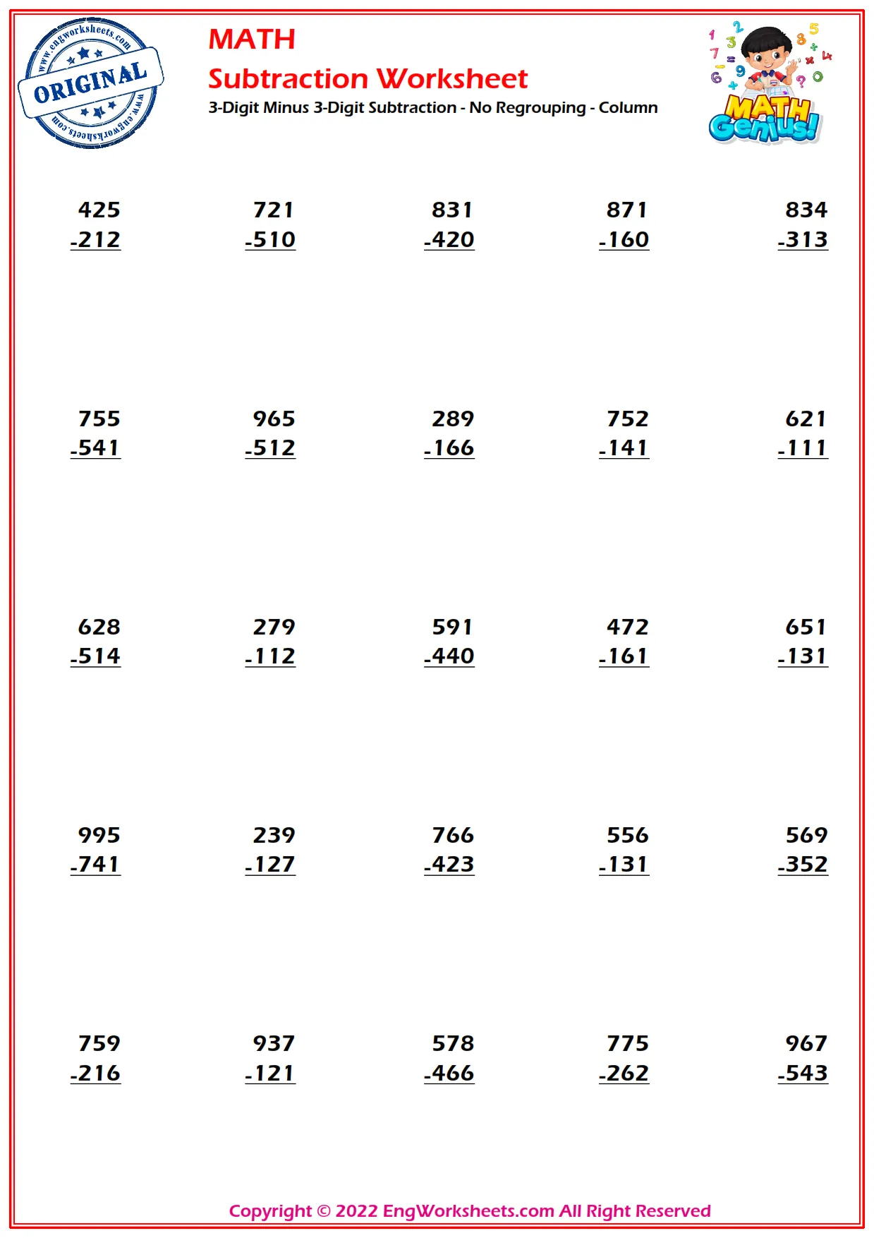 3-Digit Minus 3-Digit Subtraction - No Regrouping - Column