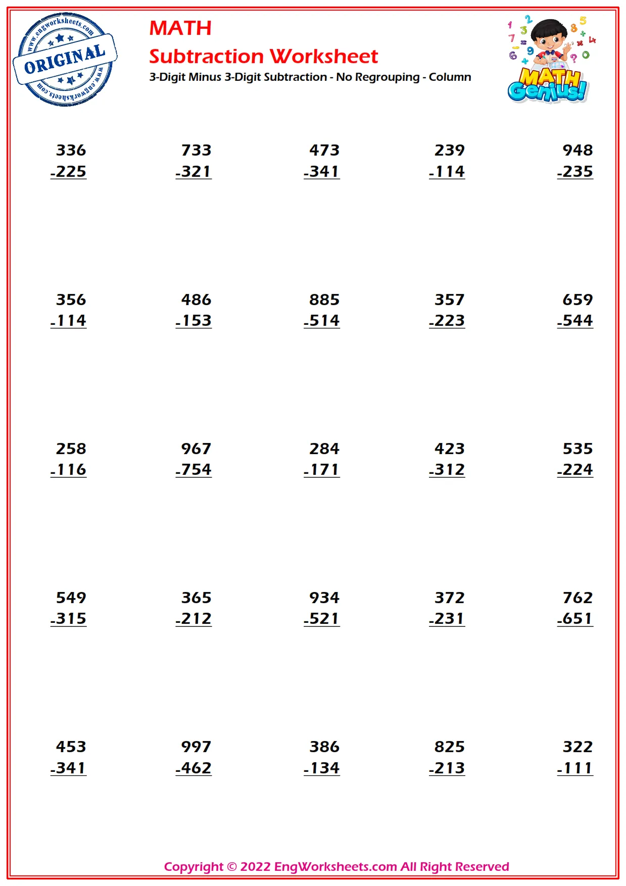 3-Digit Minus 3-Digit Subtraction - No Regrouping - Column