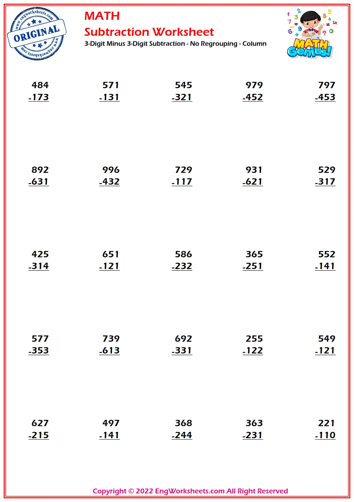 3-Digit Minus 3-Digit Subtraction - No Regrouping - Column