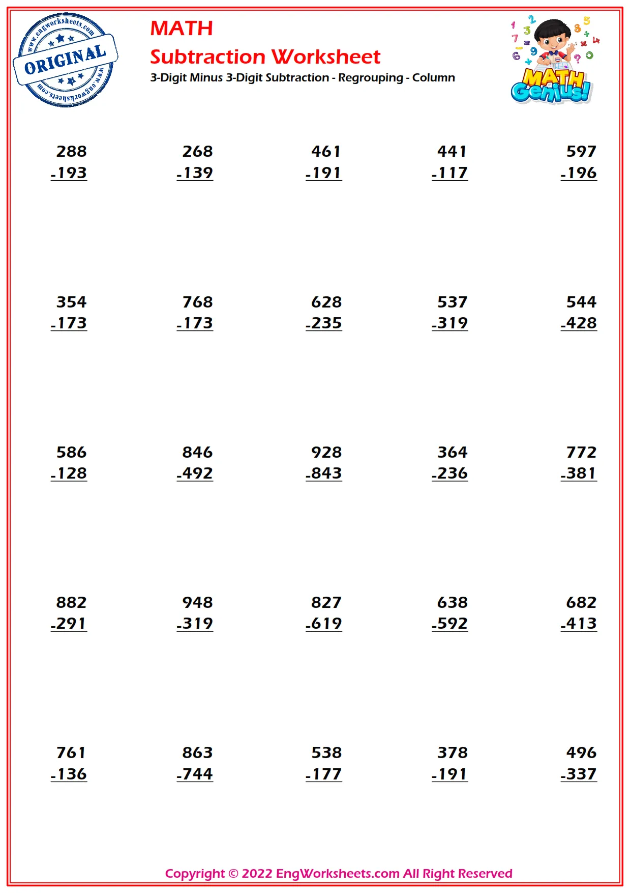 3-Digit Minus 3-Digit Subtraction - Regrouping - Column