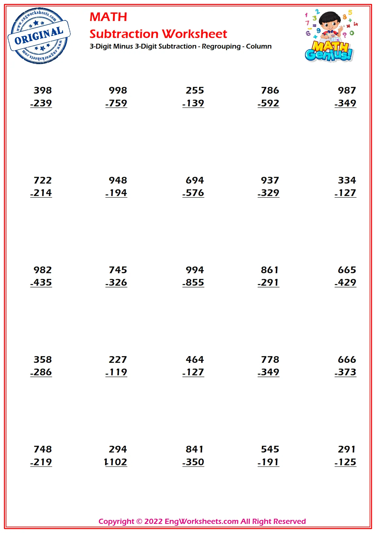 3-Digit Minus 3-Digit Subtraction - Regrouping - Column