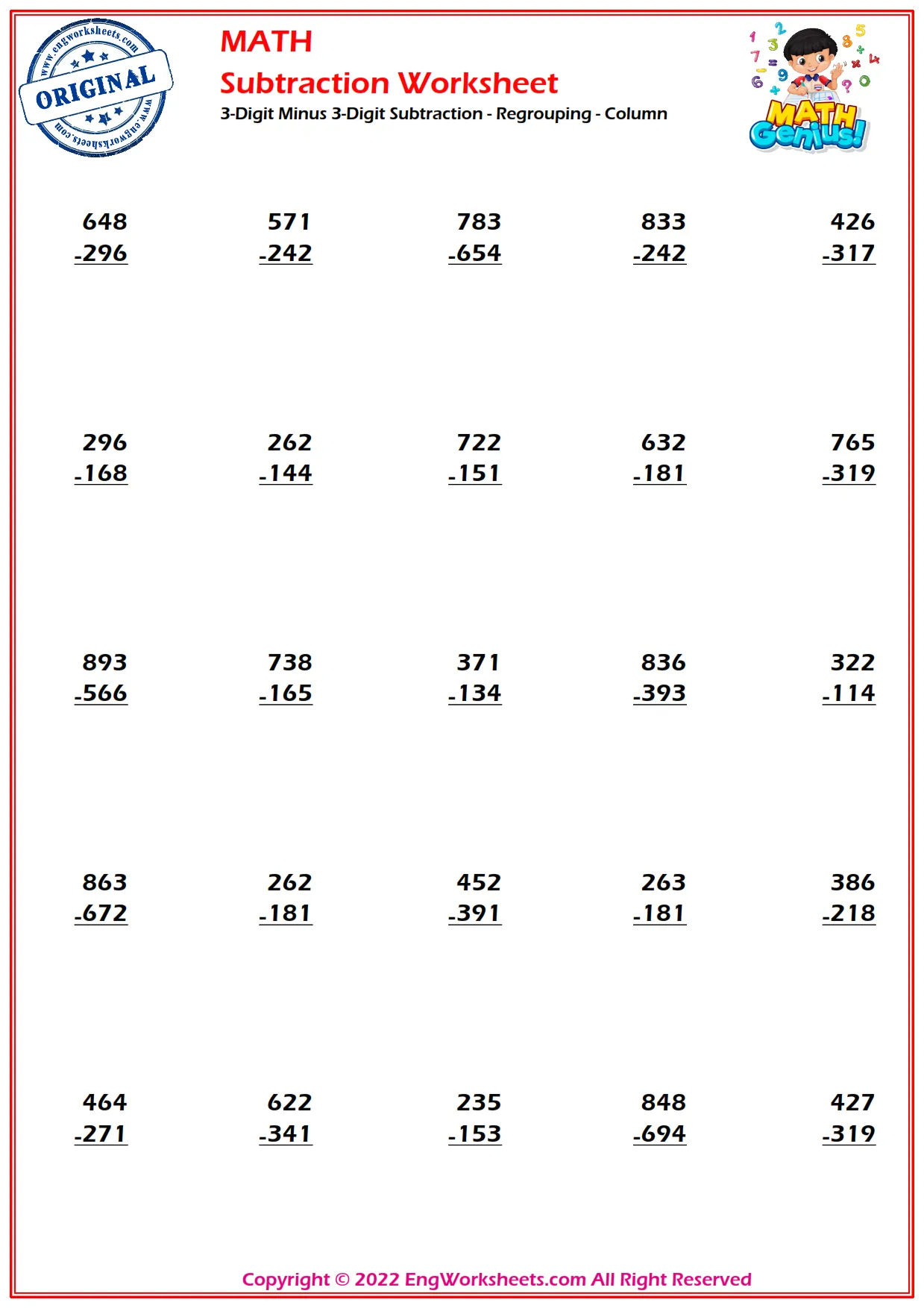 3-Digit Minus 3-Digit Subtraction - Regrouping - Column
