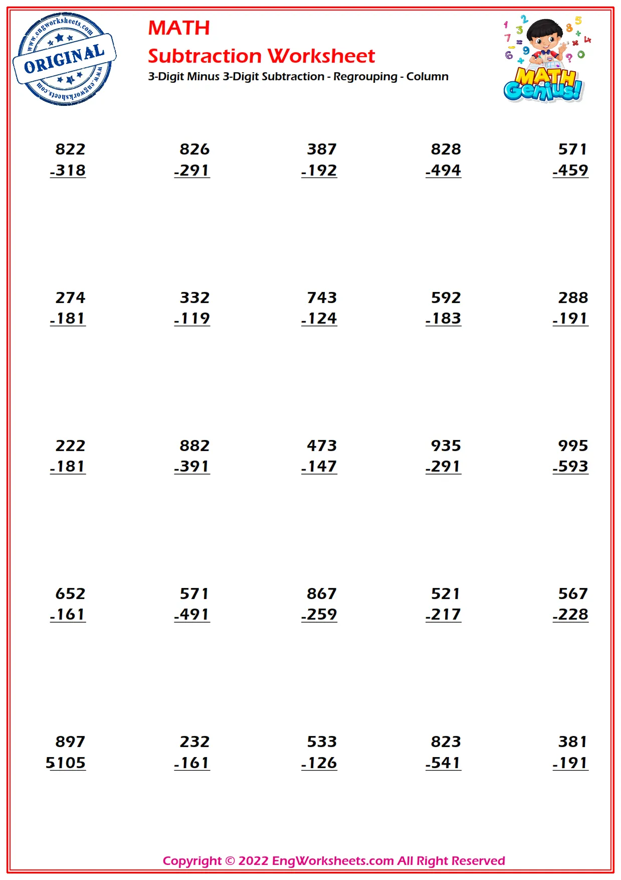 3-Digit Minus 3-Digit Subtraction - Regrouping - Column