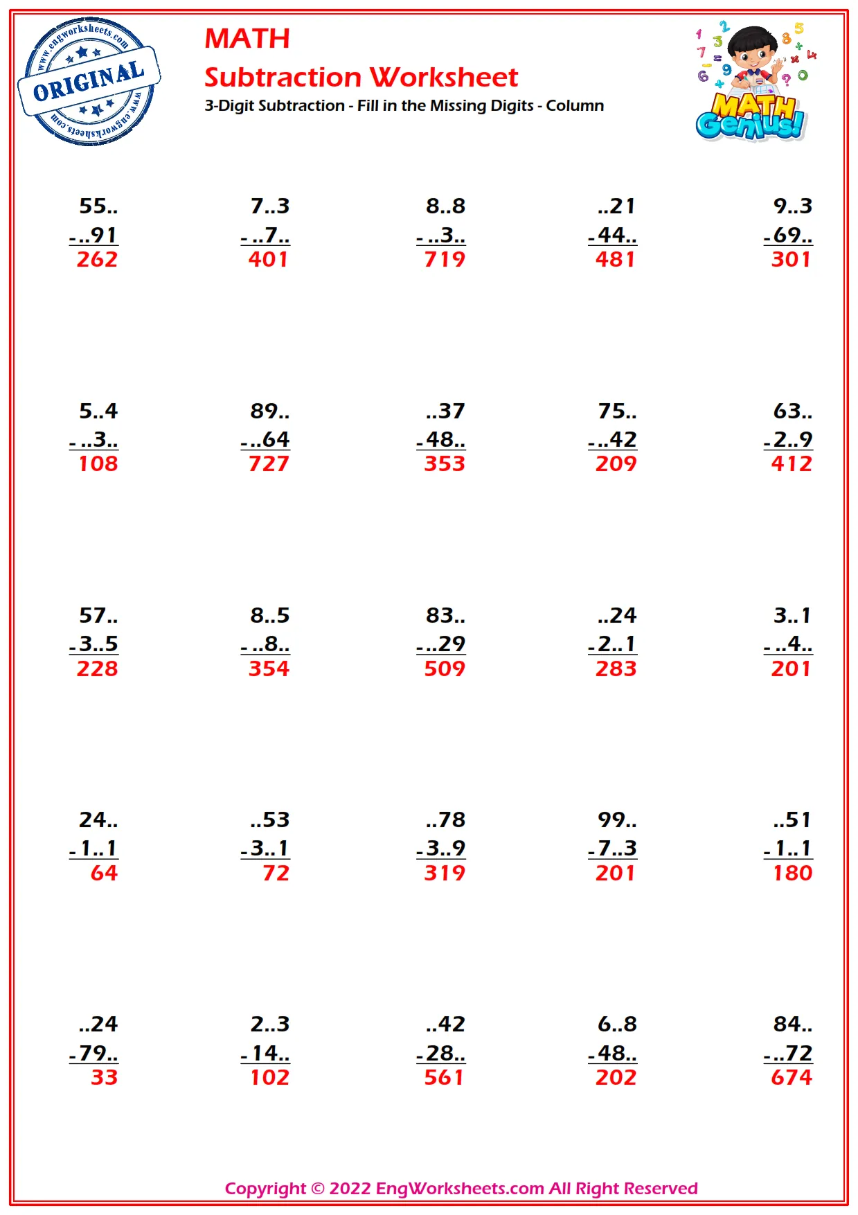 3-Digit Subtraction - Fill in the Missing Digits - Column