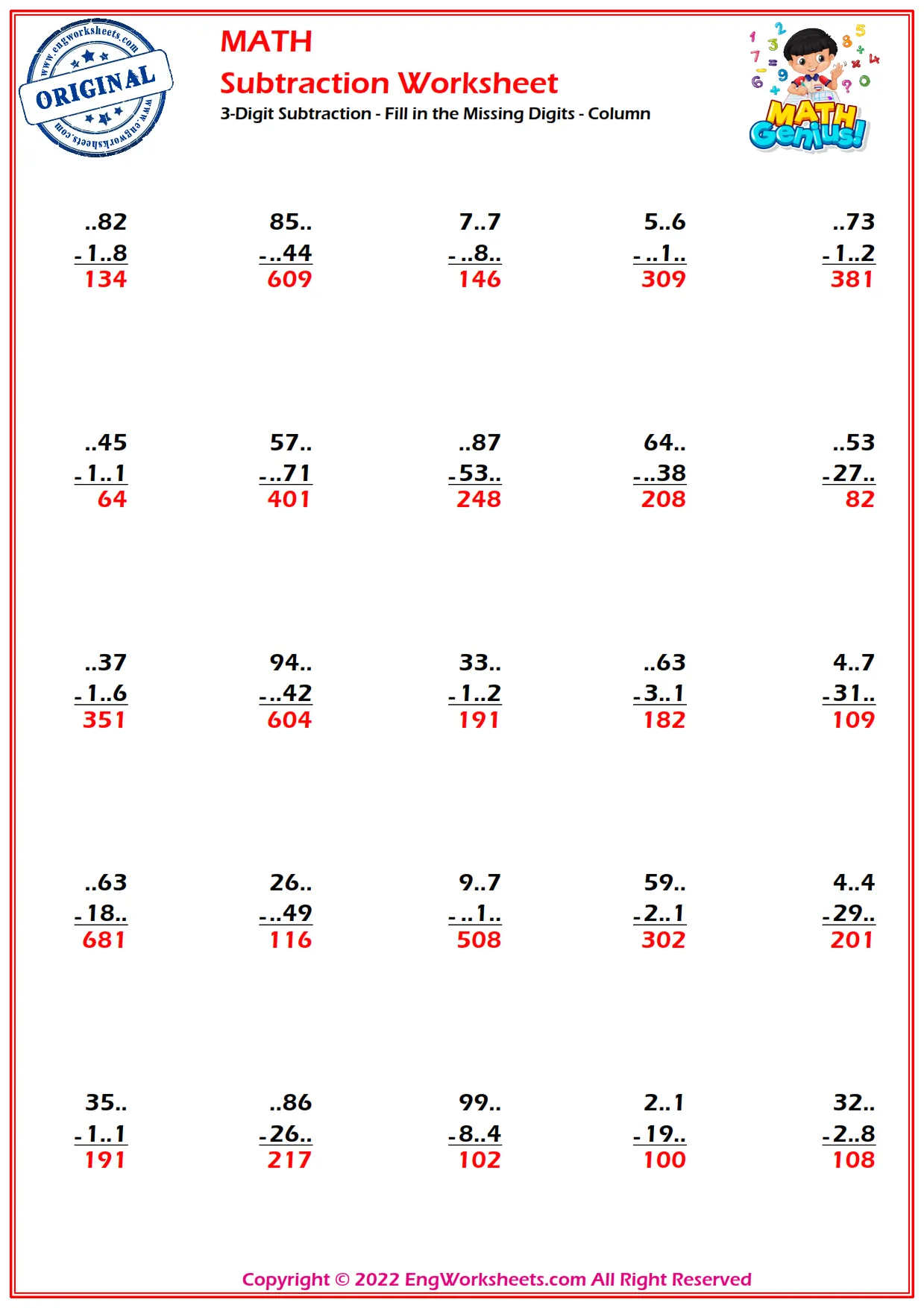 3-Digit Subtraction - Fill in the Missing Digits