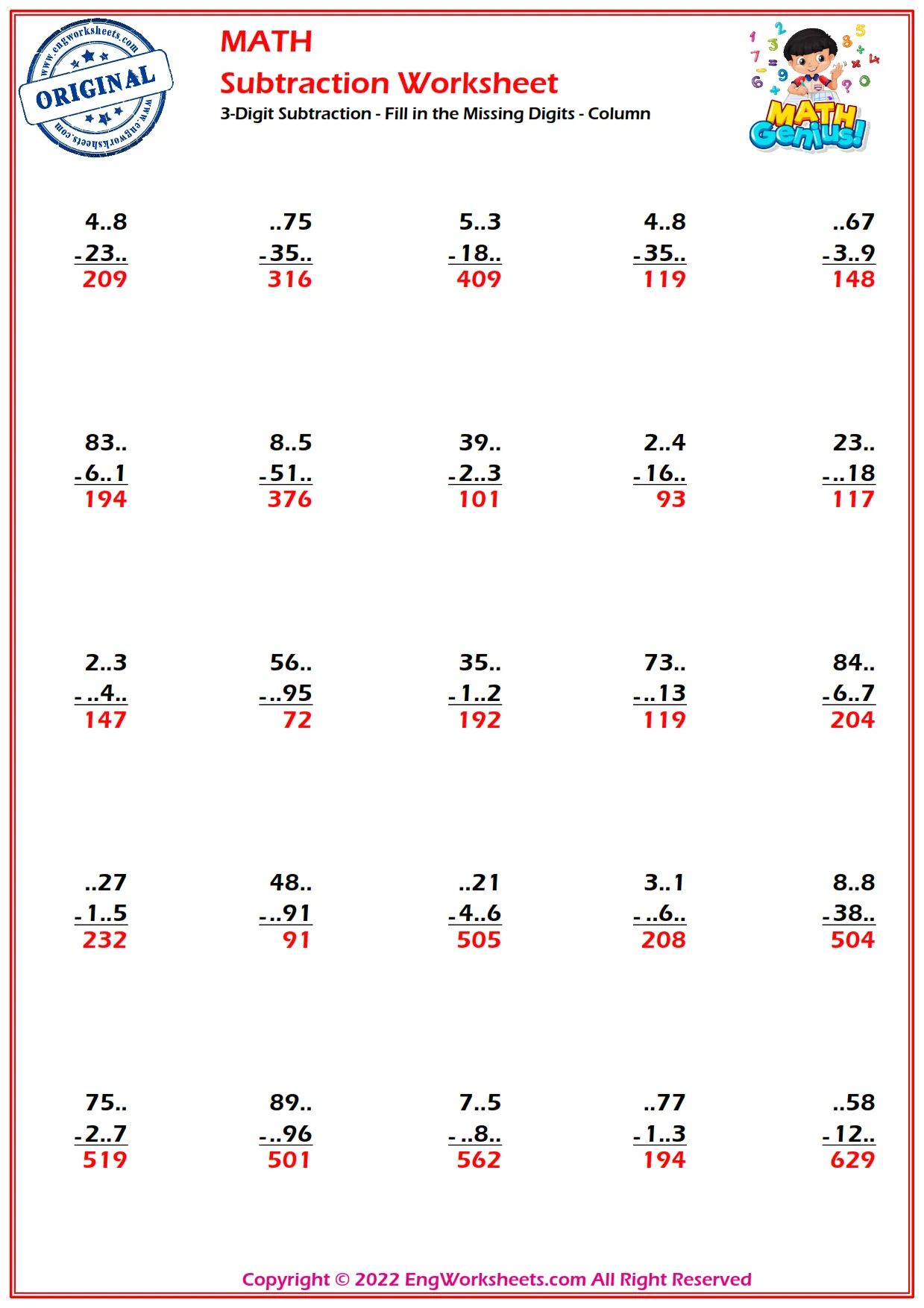 3-Digit Subtraction - Fill in the Missing Digits - Column
