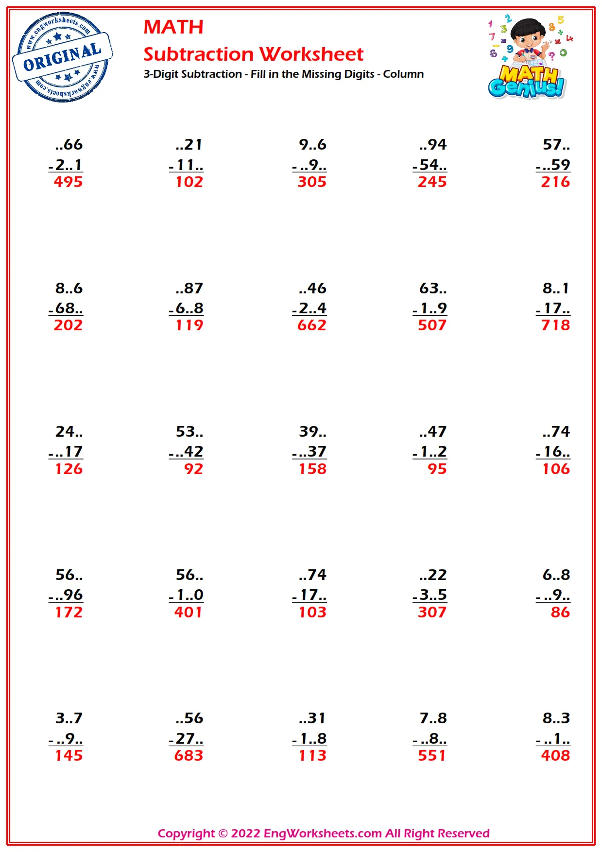 3-Digit Subtraction - Fill in the Missing Digits - Column