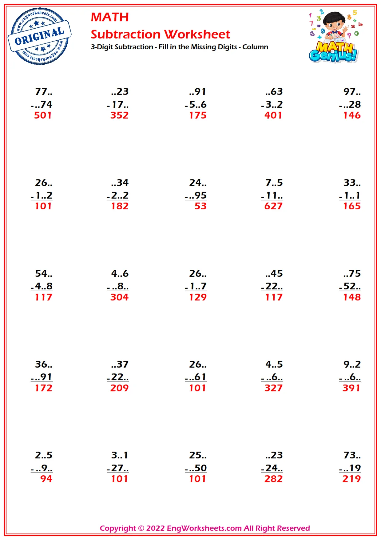 3-Digit Subtraction - Fill in the Missing Digits - Column