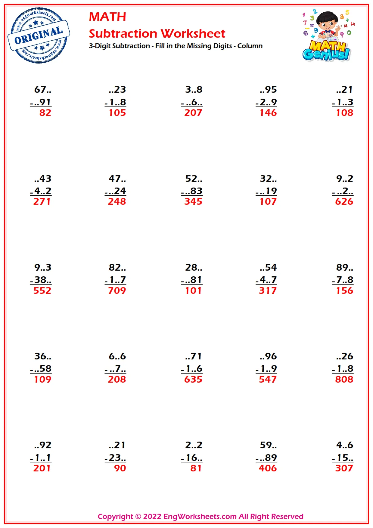 3-Digit Subtraction - Fill in the Missing Digits - Column