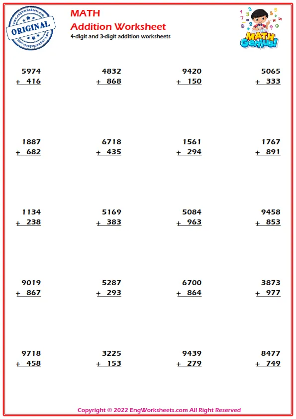 4-digit and 3-digit addition worksheets