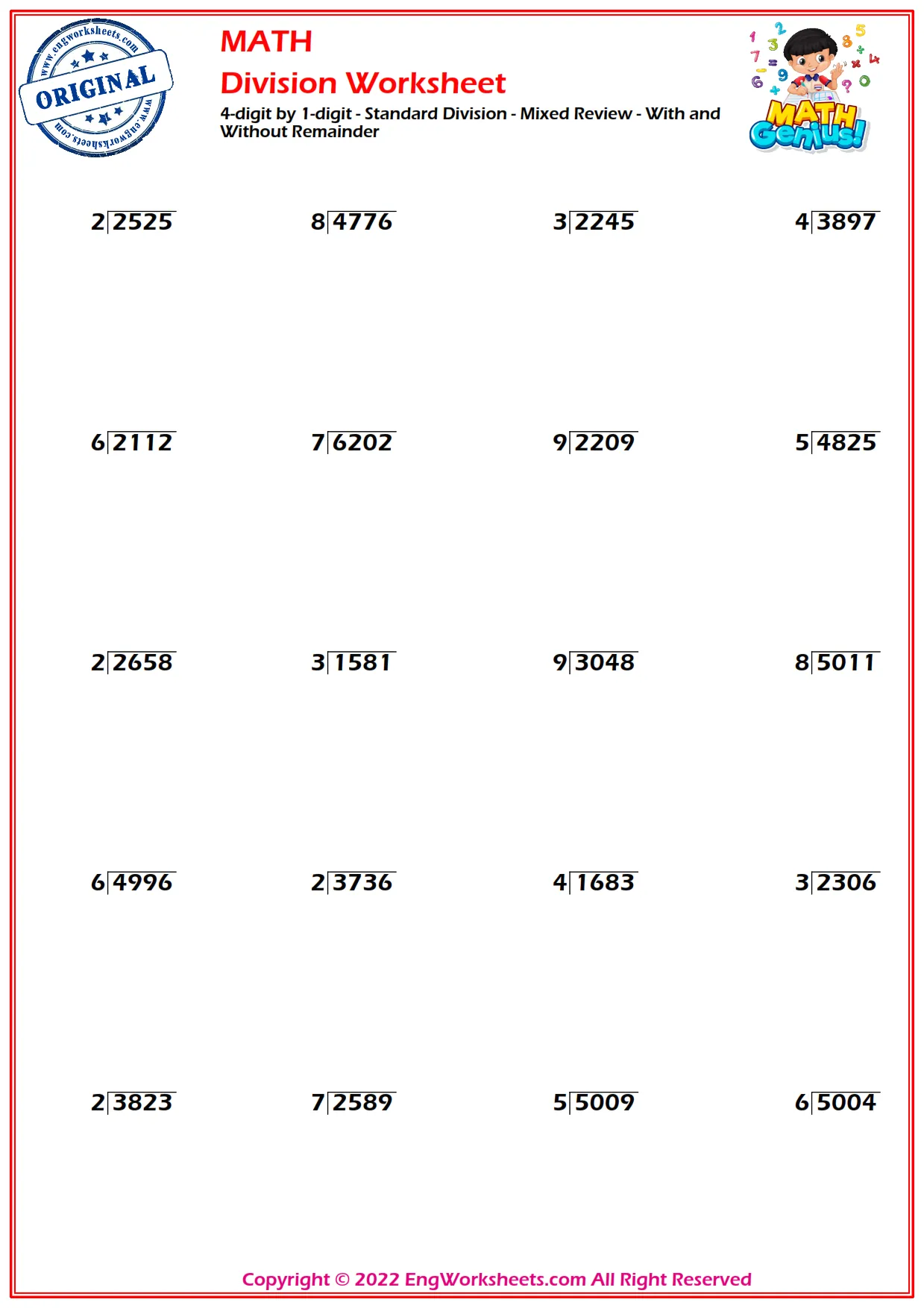 4-digit by 1-digit - Standard Division - Mixed Review - With and Without Remainder