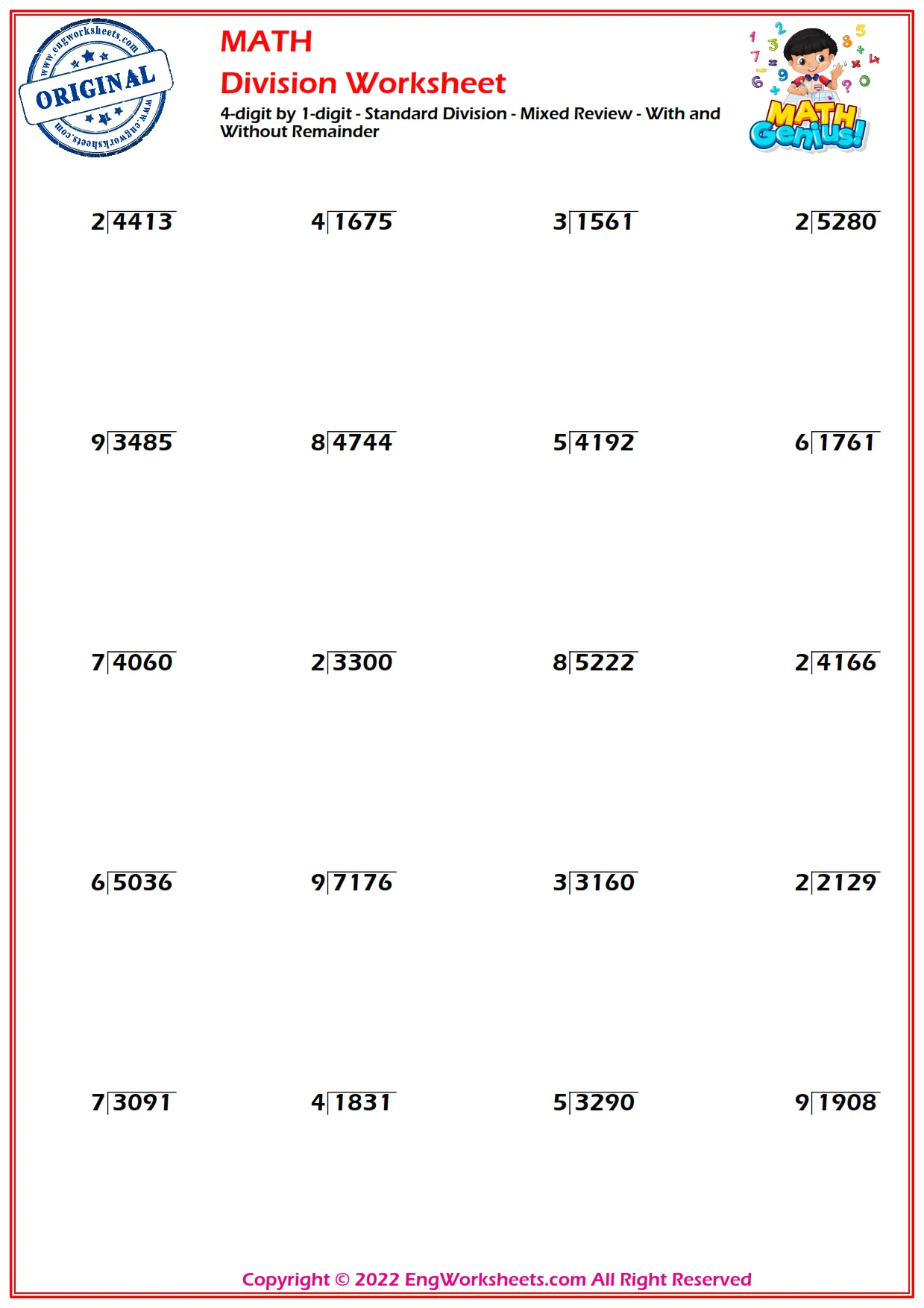 4-digit by 1-digit - Standard Division - Mixed Review - With and Without Remainder