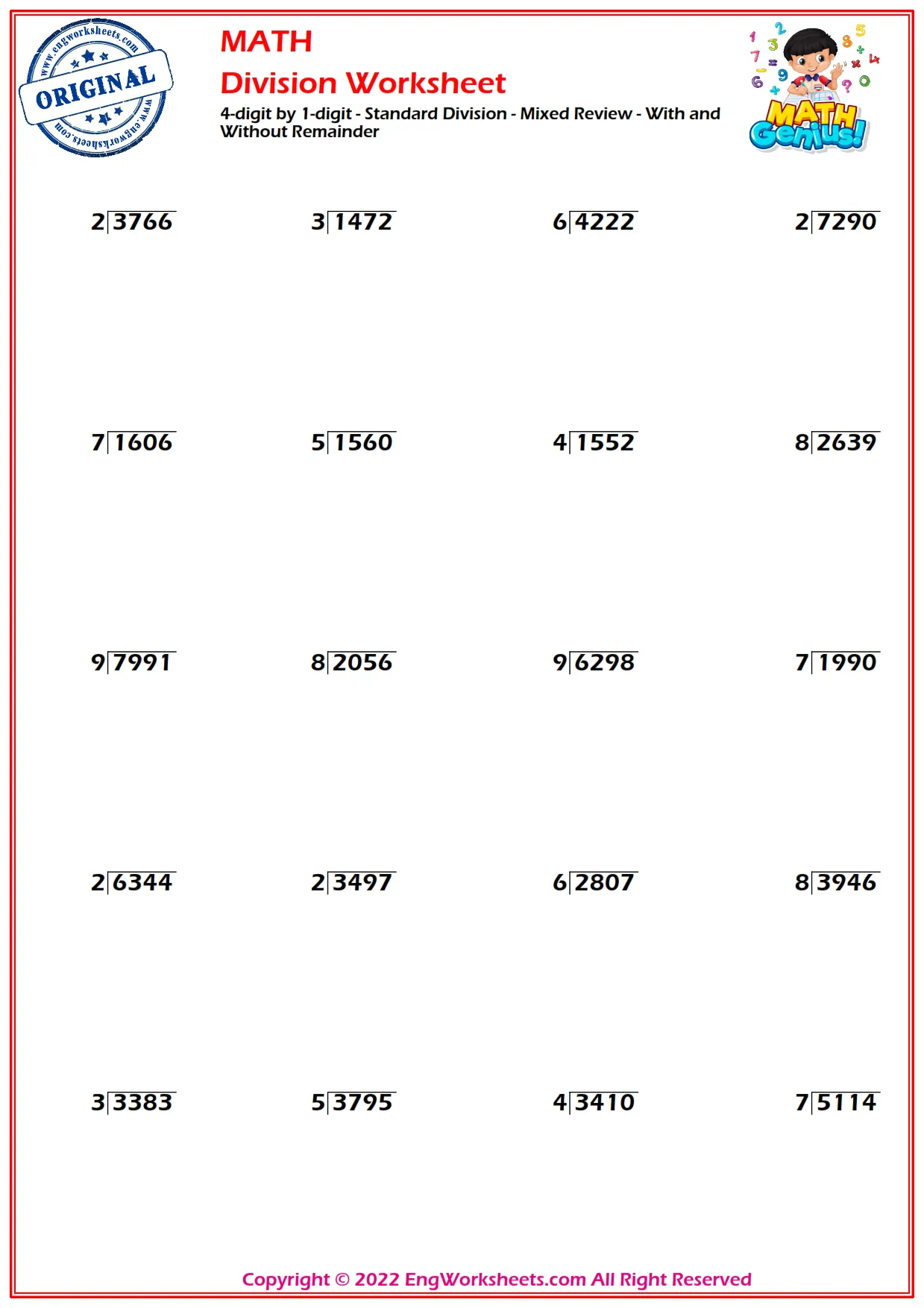 4-digit by 1-digit - Standard Division - Mixed Review - With and Without Remainder