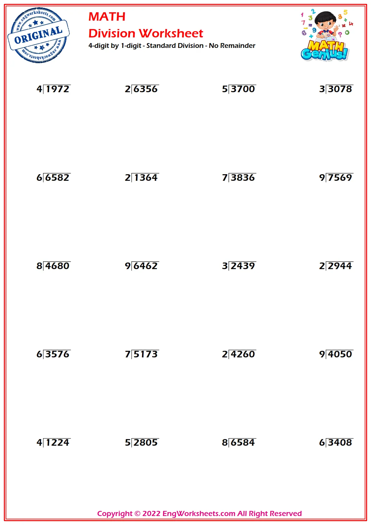 4-digit by 1-digit - Standard Division - No Remainder