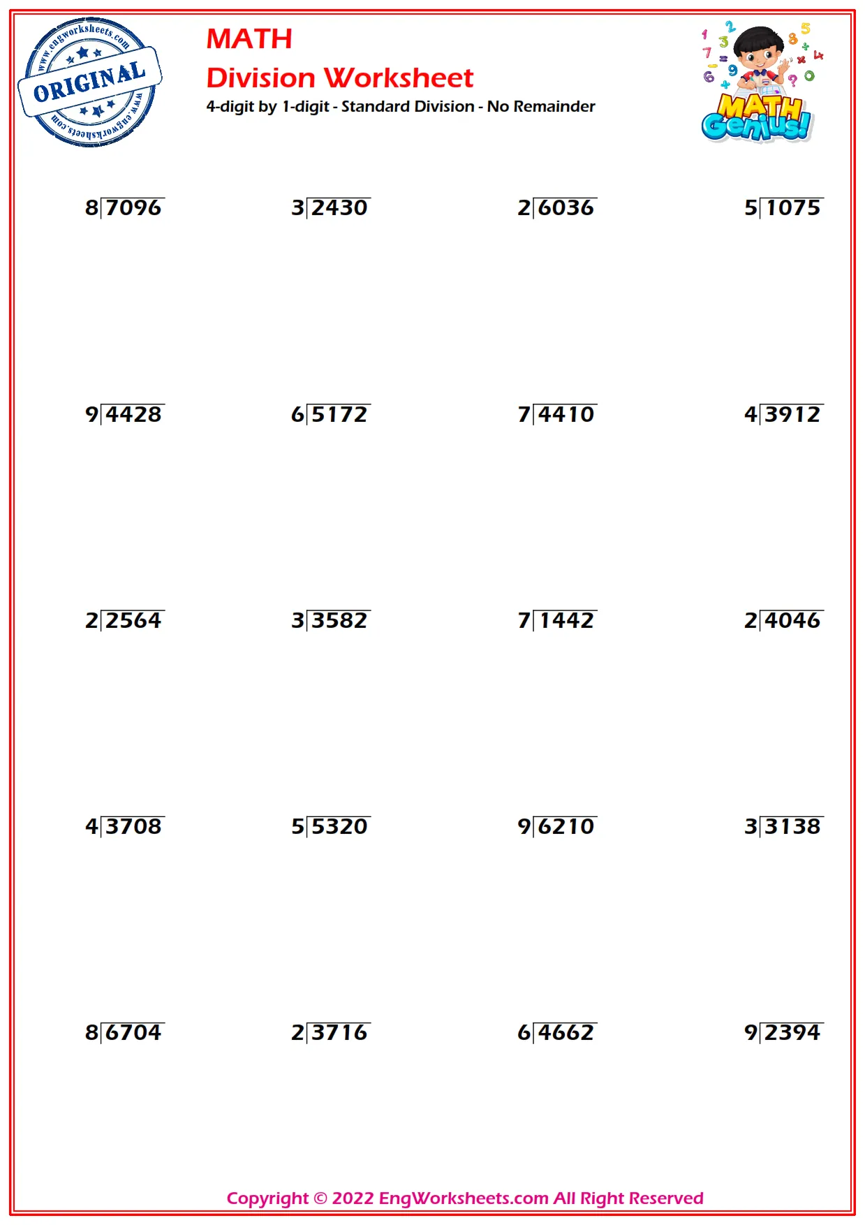 4-digit by 1-digit - Standard Division - No Remainder