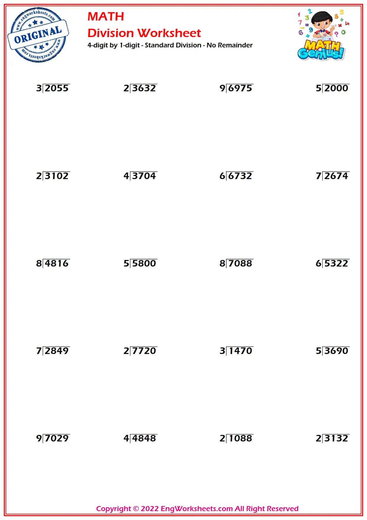 4-digit by 1-digit - Standard Division - No Remainder