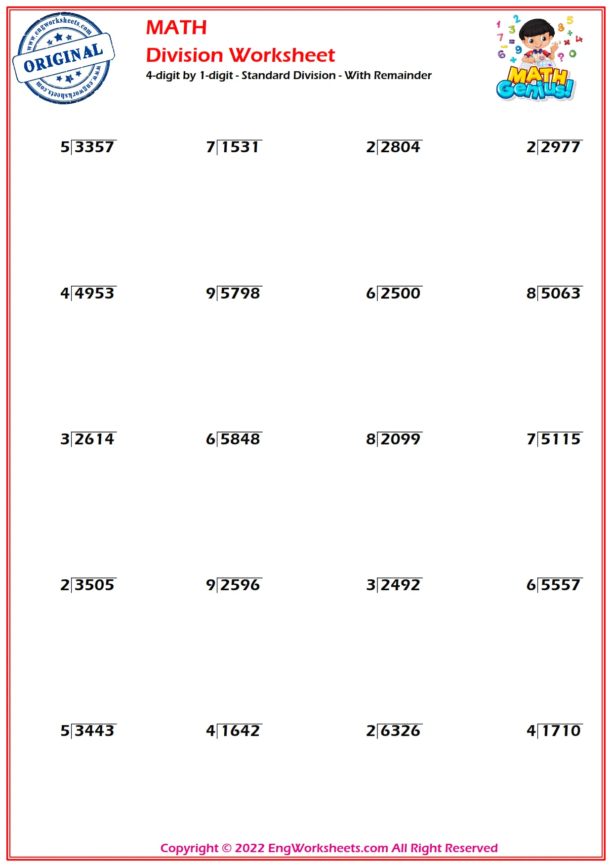 4-digit by 1-digit - Standard Division - With Remainder
