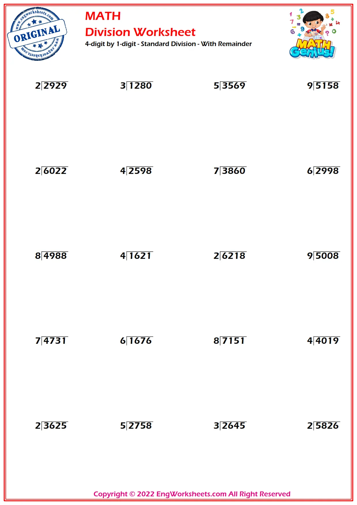 4-digit by 1-digit - Standard Division - With Remainder