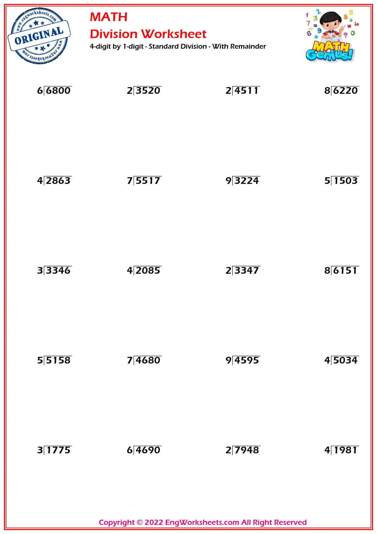 4-digit by 1-digit - Standard Division - With Remainder