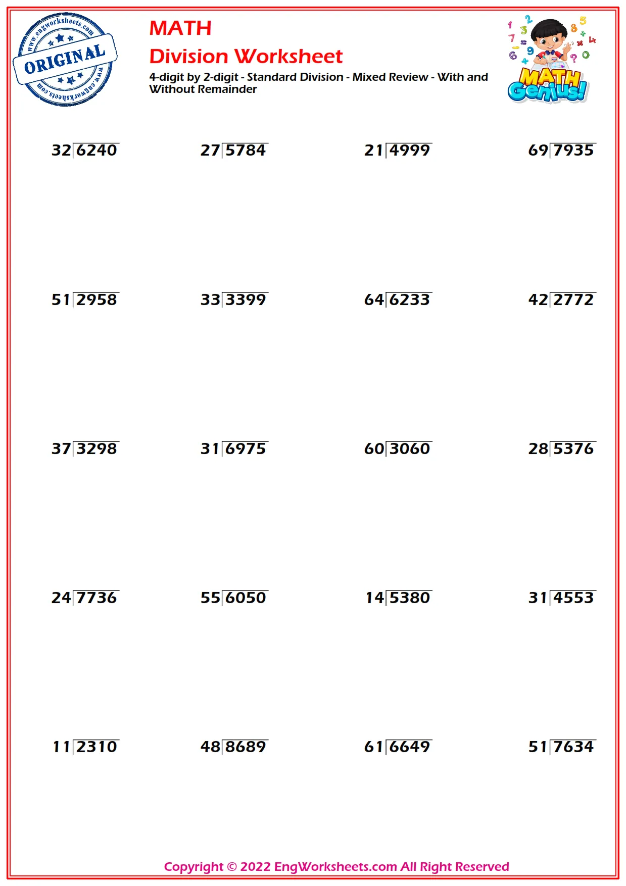 4-digit by 2-digit - Standard Division - Mixed Review - With and Without Remainder