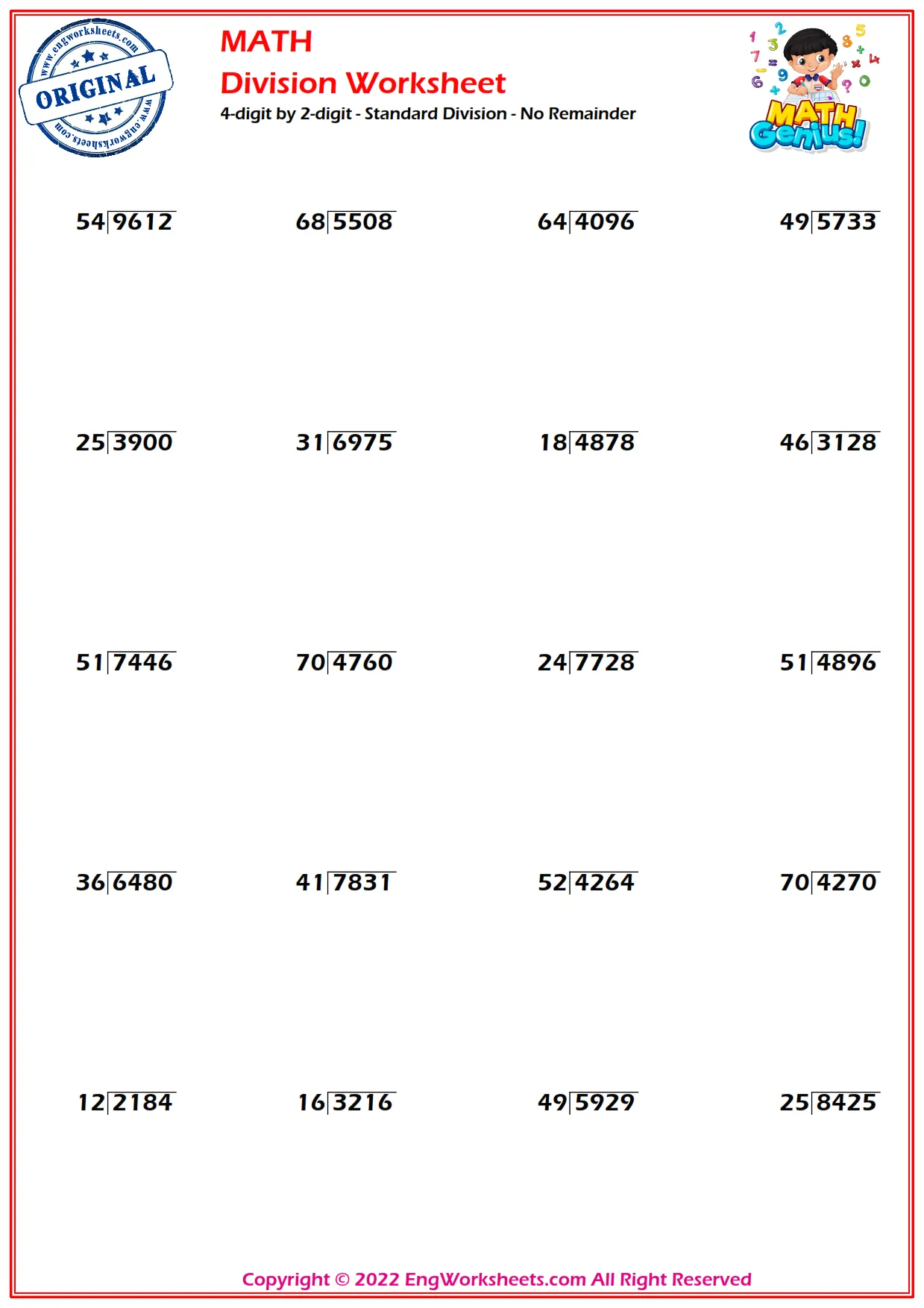 4-digit by 2-digit - Standard Division - No Remainder