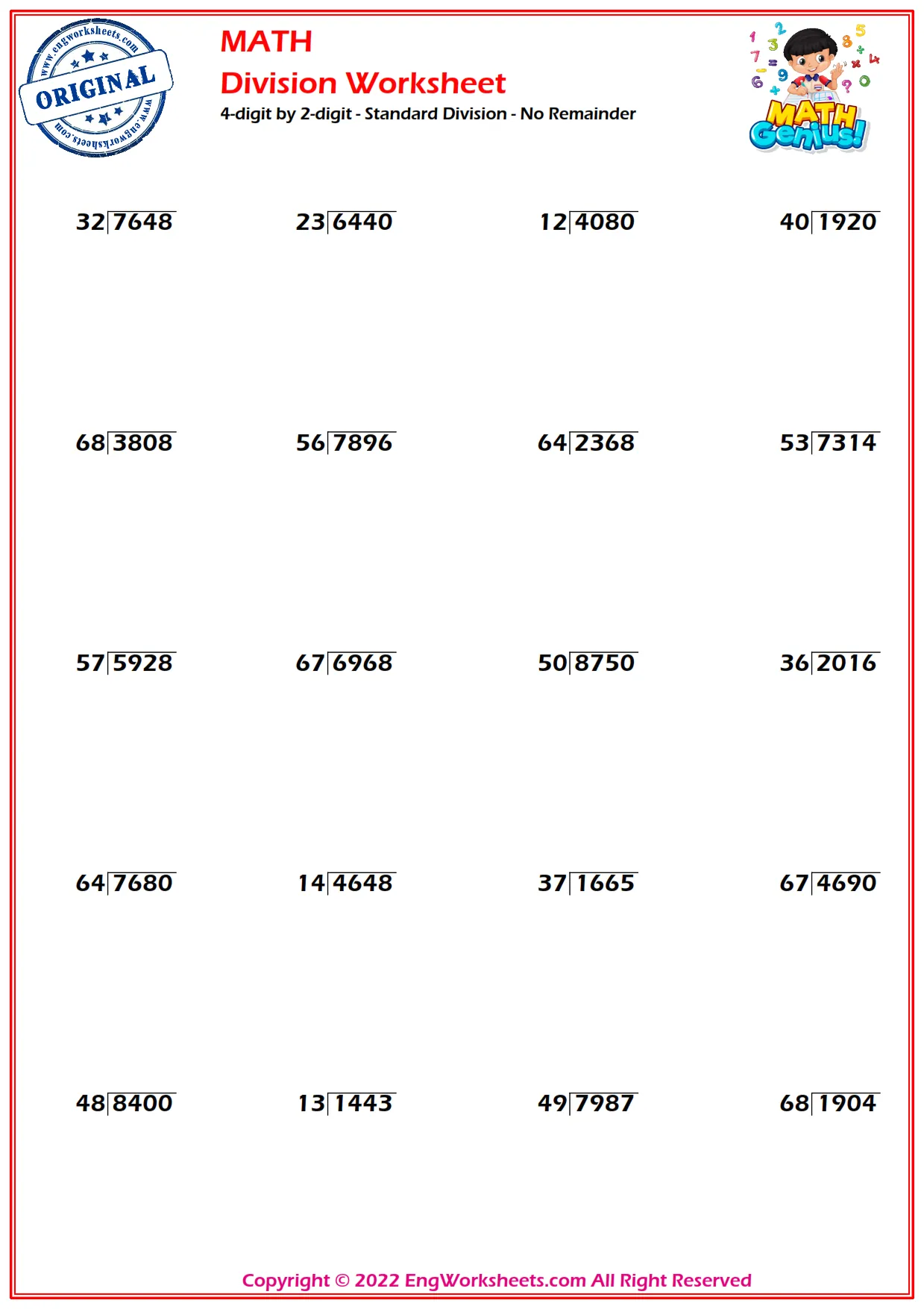 4-digit by 2-digit - Standard Division - No Remainder
