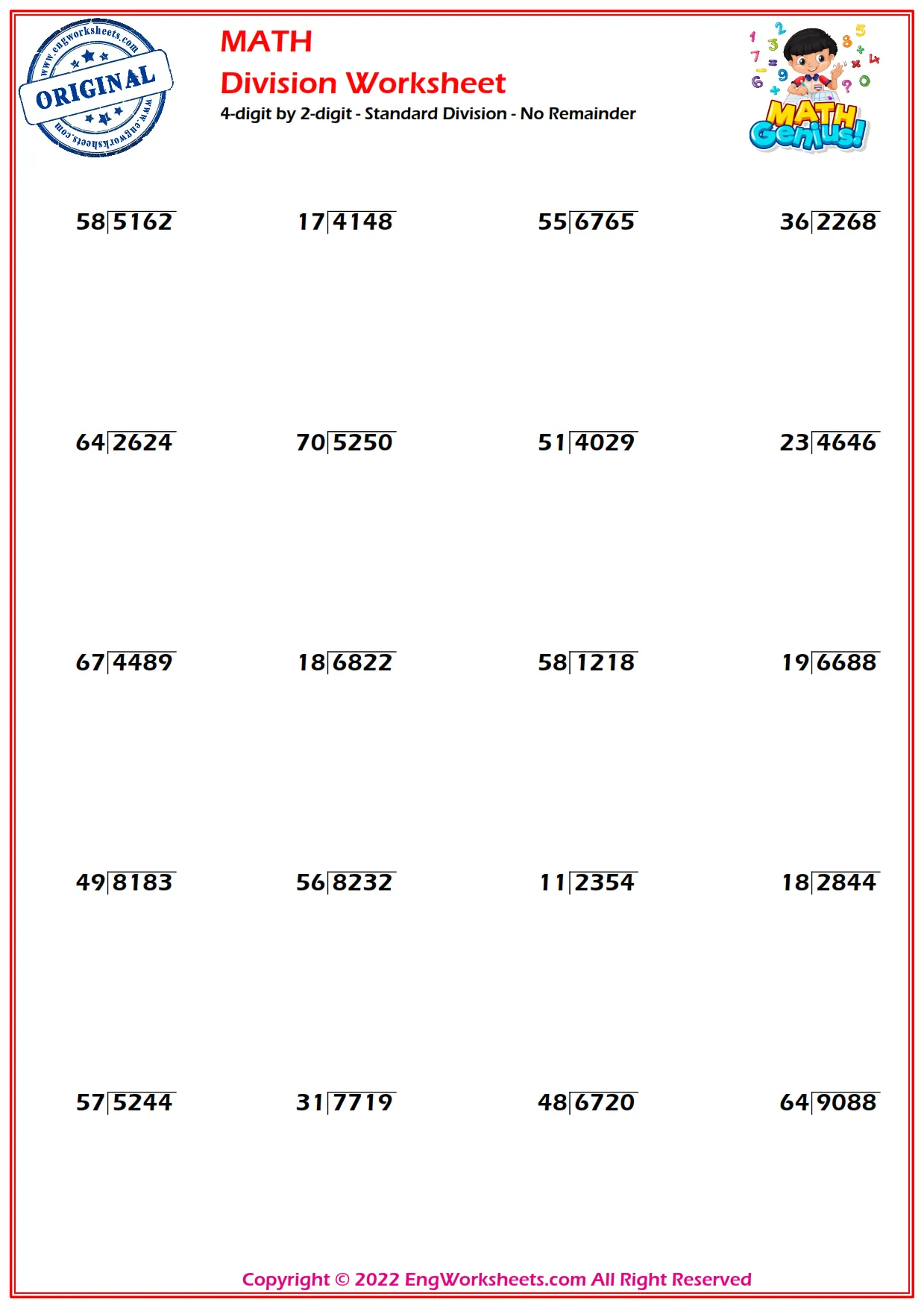 4-digit by 2-digit - Standard Division - No Remainder