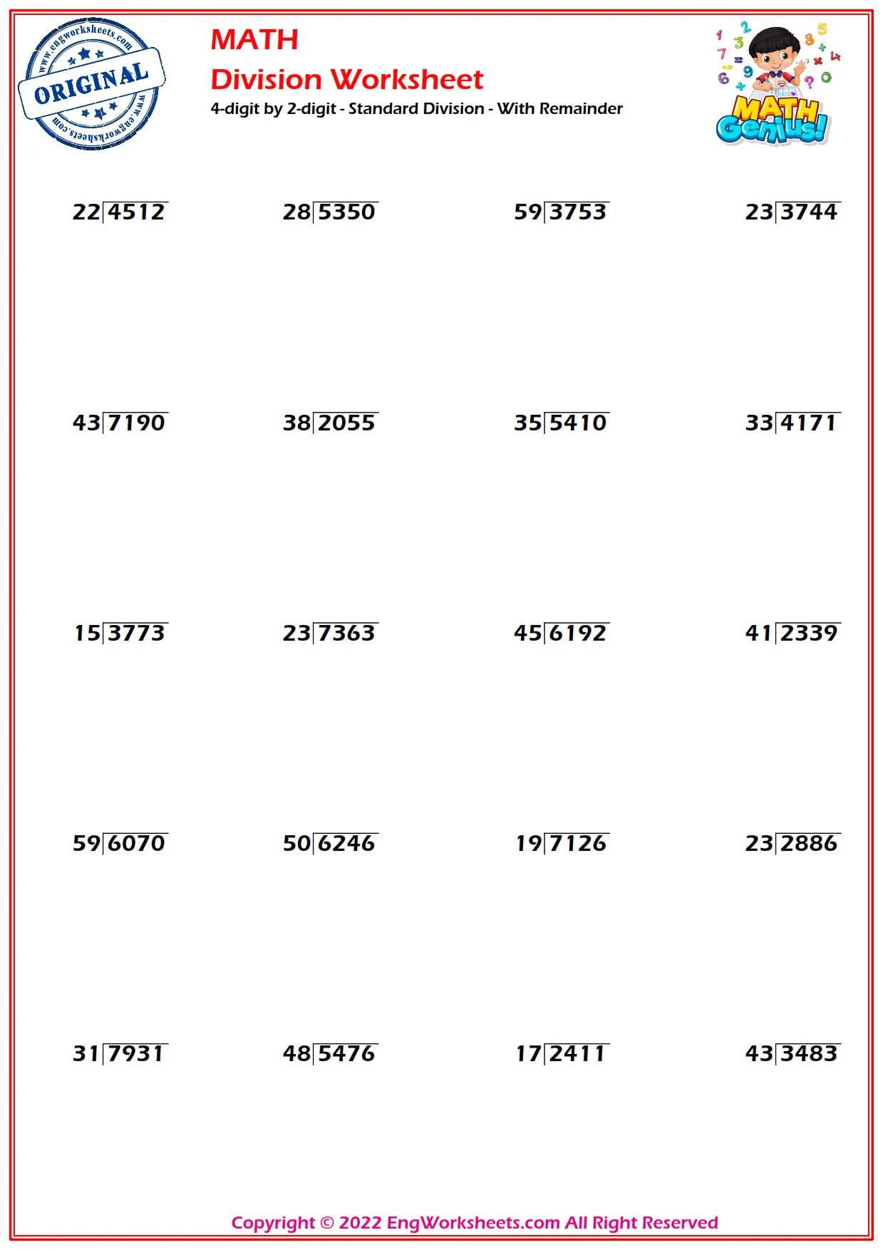 4-digit by 2-digit - Standard Division - With Remainder