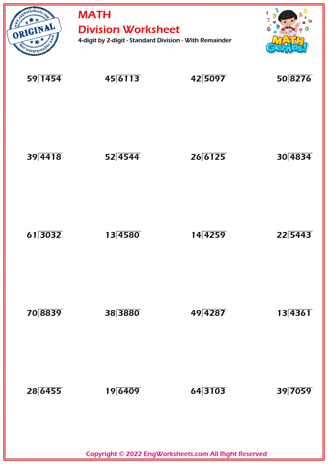 4-digit by 2-digit - Standard Division - With Remainder