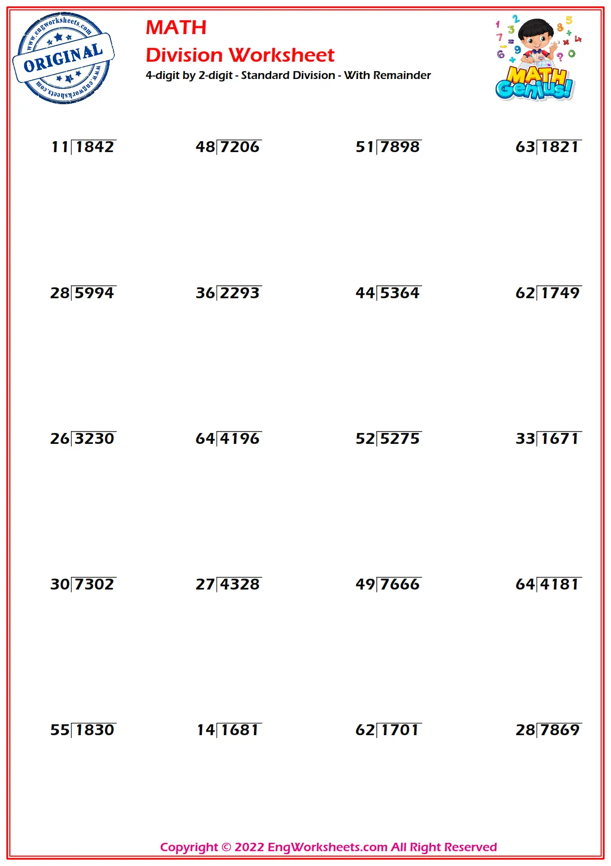 4-digit by 2-digit - Standard Division - With Remainder