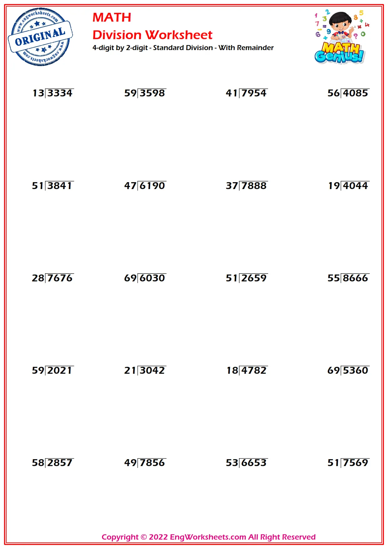 4-digit by 2-digit - Standard Division - With Remainder