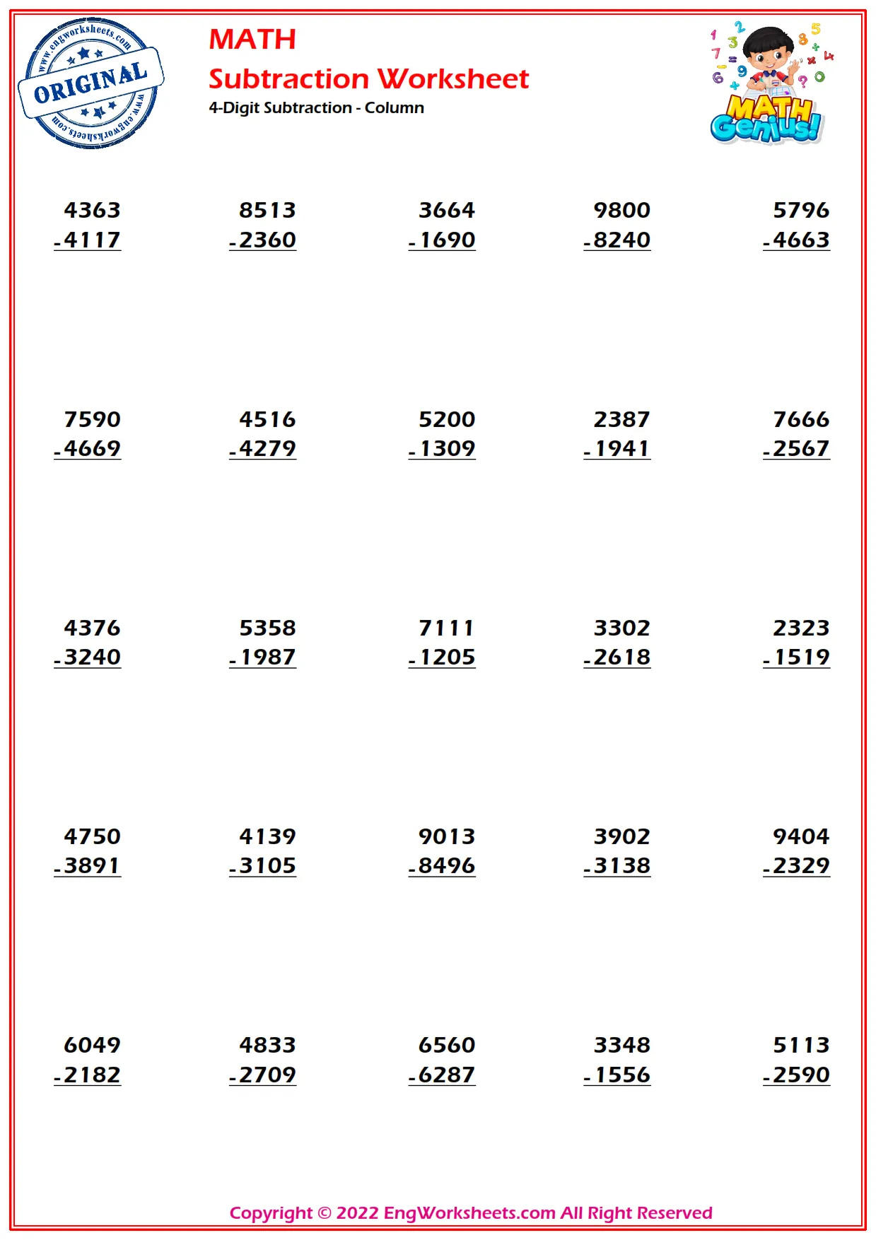4-Digit Subtraction- Standard
