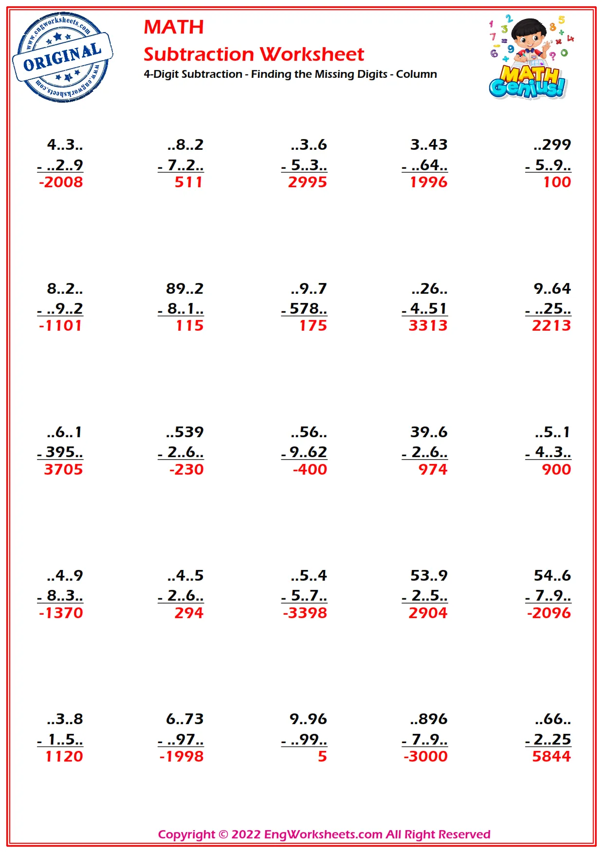 4-Digit Subtraction - Finding the Missing Digits