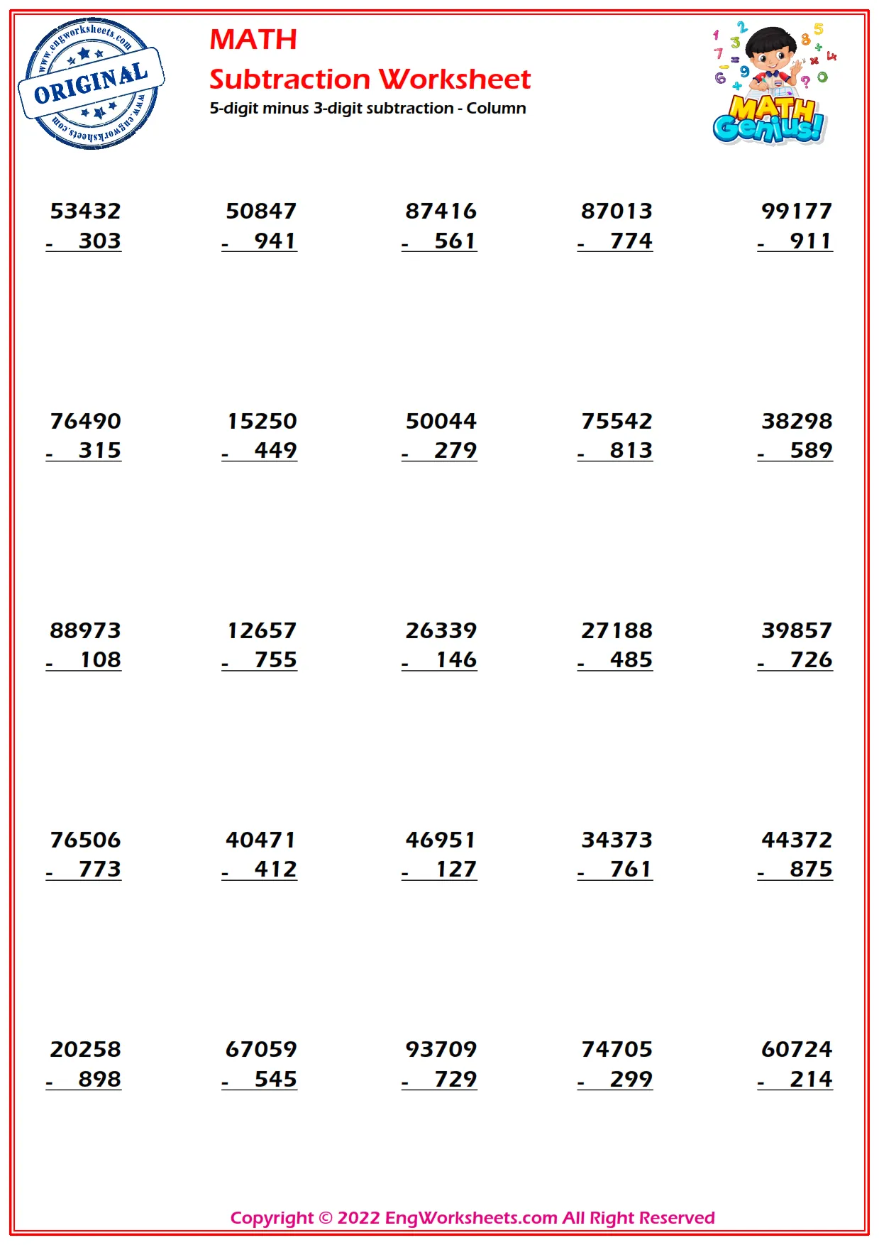 5-digits minus 3-digits subtraction