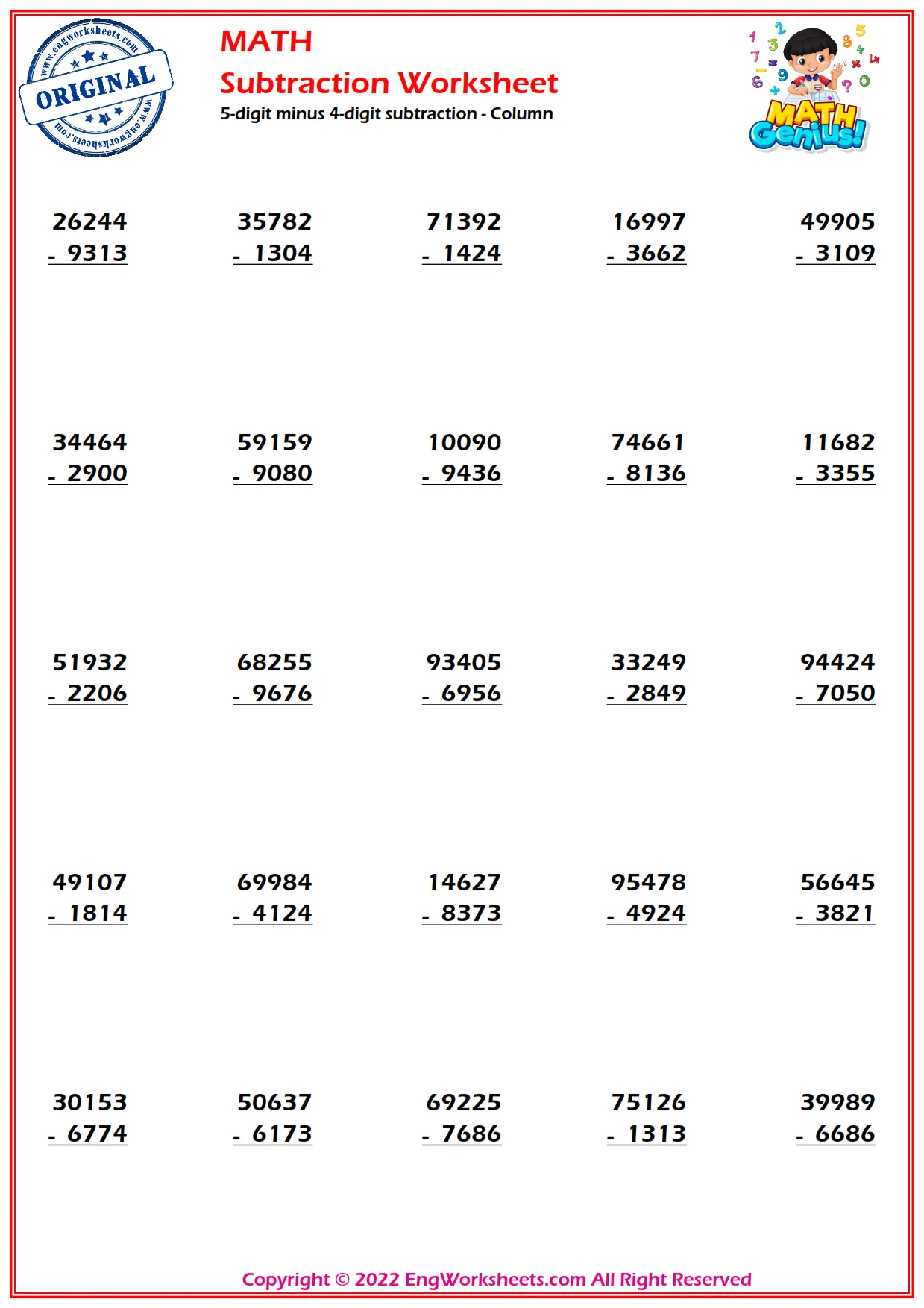5-digits minus 4-digits subtraction