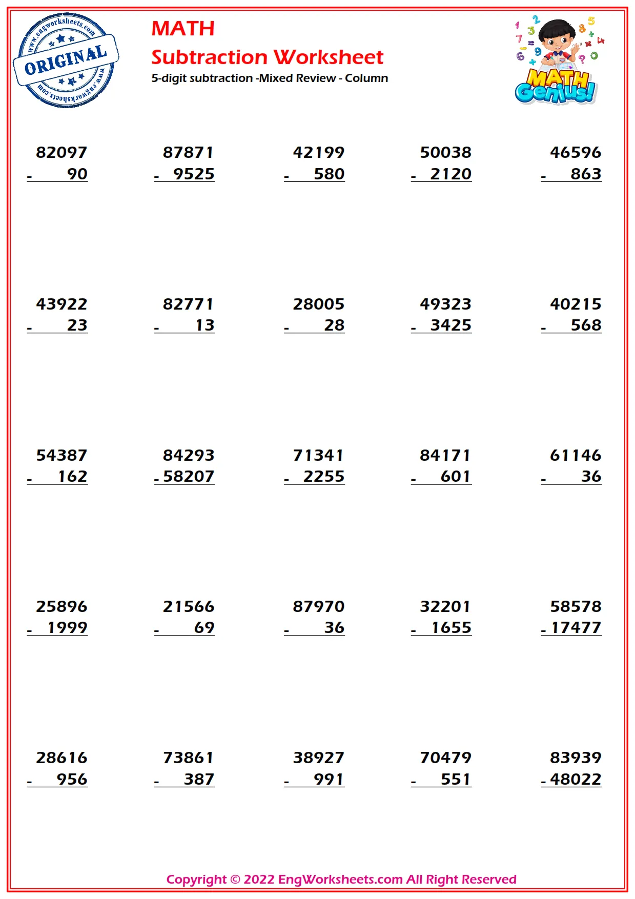 5-digits subtraction - Mixed Review - Standard