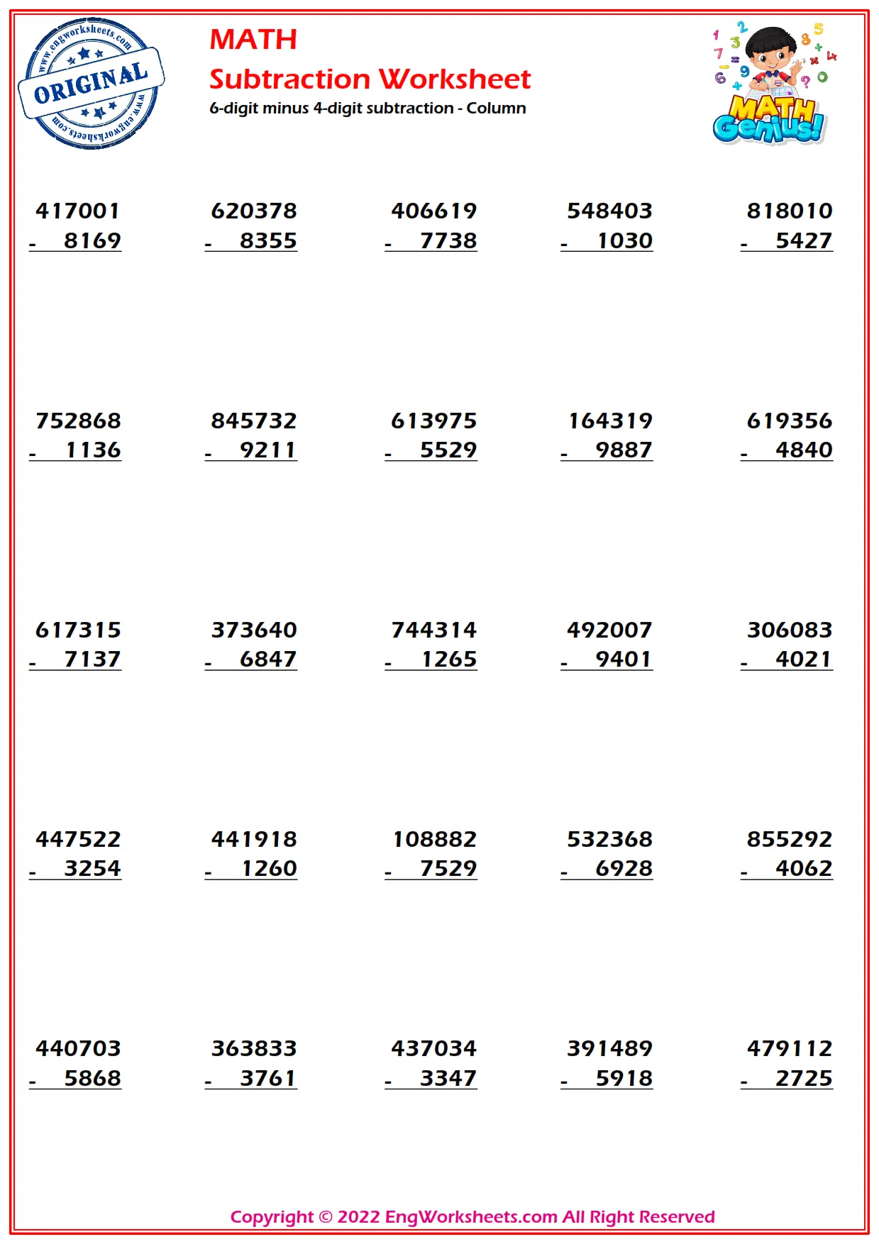 6-digits minus 4-digits subtraction