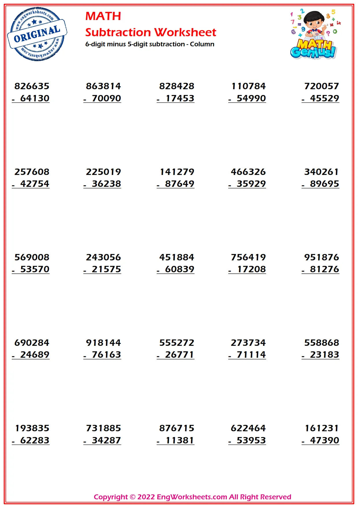 6-digits minus 5-digits subtraction