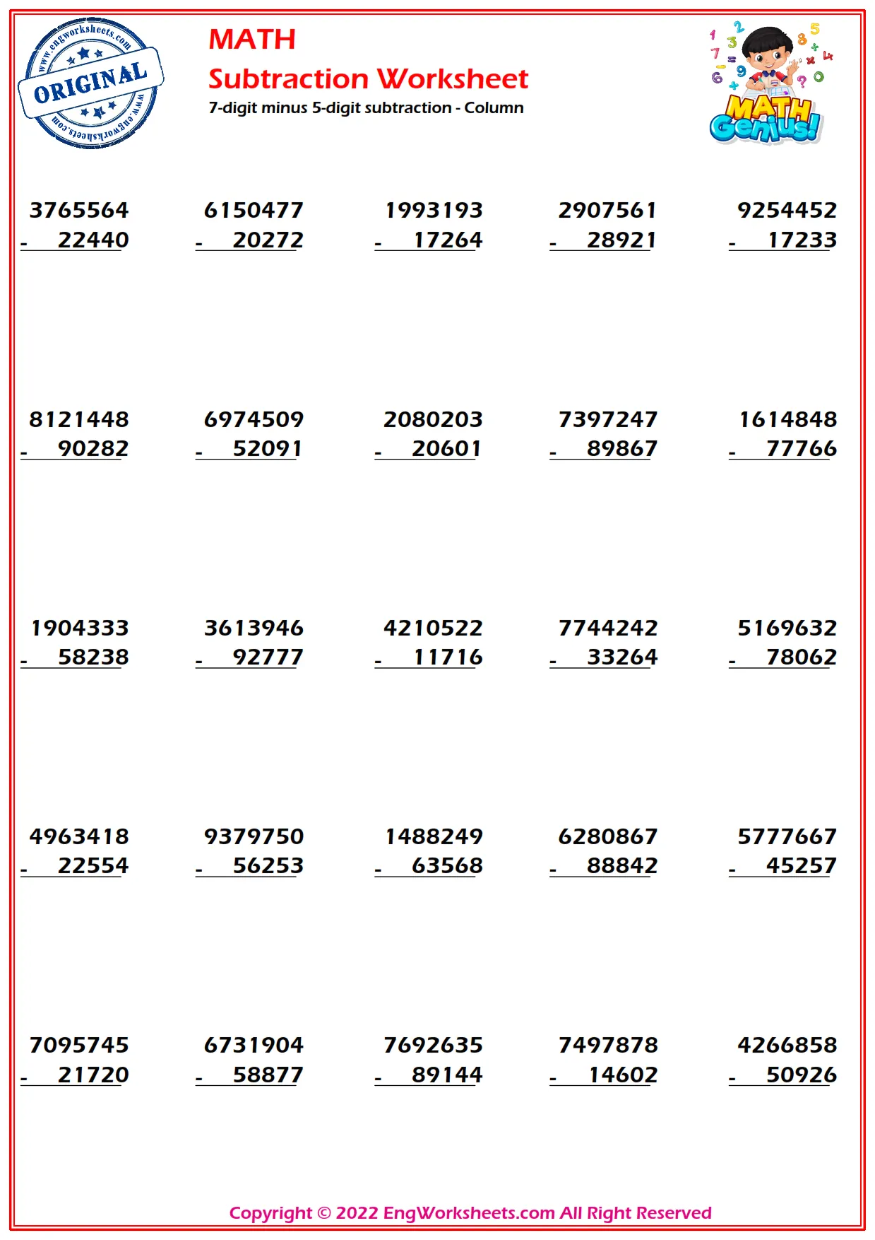 7-digits minus 5-digits subtraction