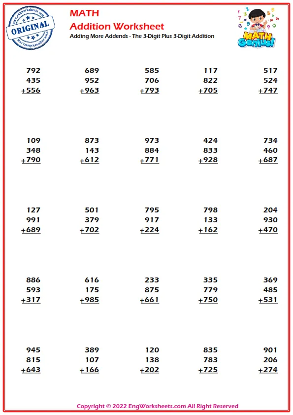 Adding More Addends - The 3-Digit Plus 3-Digit Addition