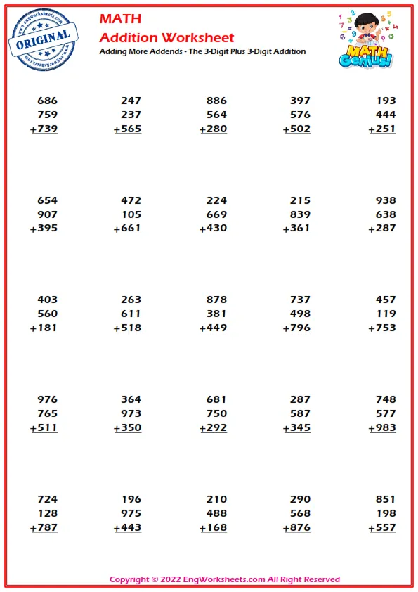 Adding More Addends - The 3-Digit Plus 3-Digit Addition