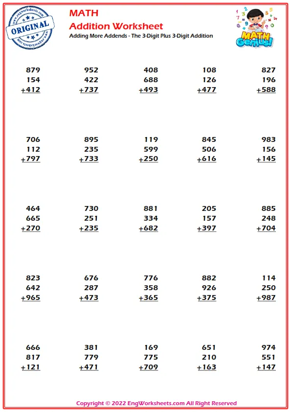 Adding More Addends - The 3-Digit Plus 3-Digit Addition