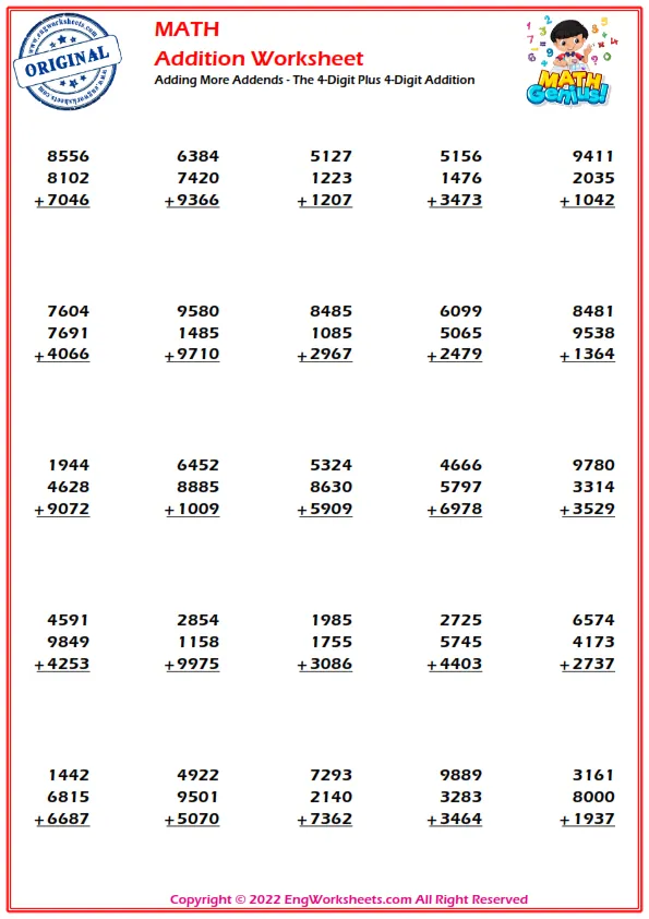 Adding More Addends - The 4-Digit Plus 4-Digit Addition