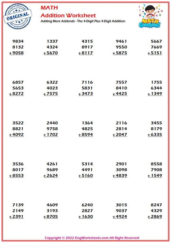 Adding More Addends - The 4-Digit Plus 4-Digit Addition