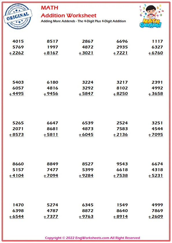 Adding More Addends - The 4-Digit Plus 4-Digit Addition