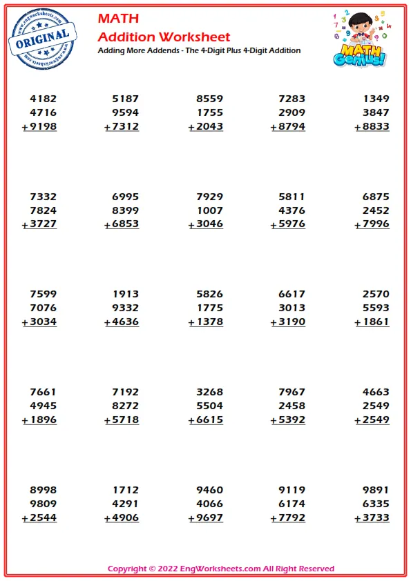 Adding More Addends - The 4-Digit Plus 4-Digit Addition