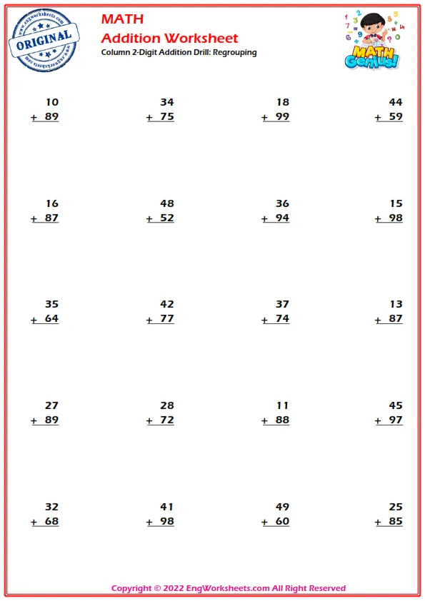 Column 2-digit Addition Drill - Regrouping