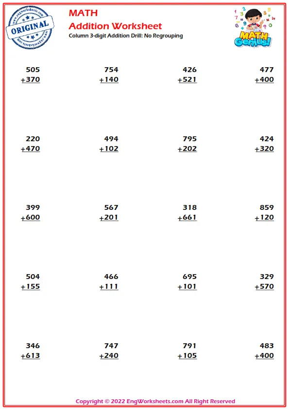 Column 3-digit Addition Drill: No Regrouping