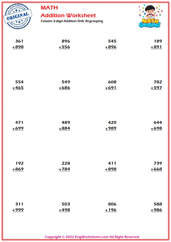 Column 3-digit Addition Drill: Regrouping