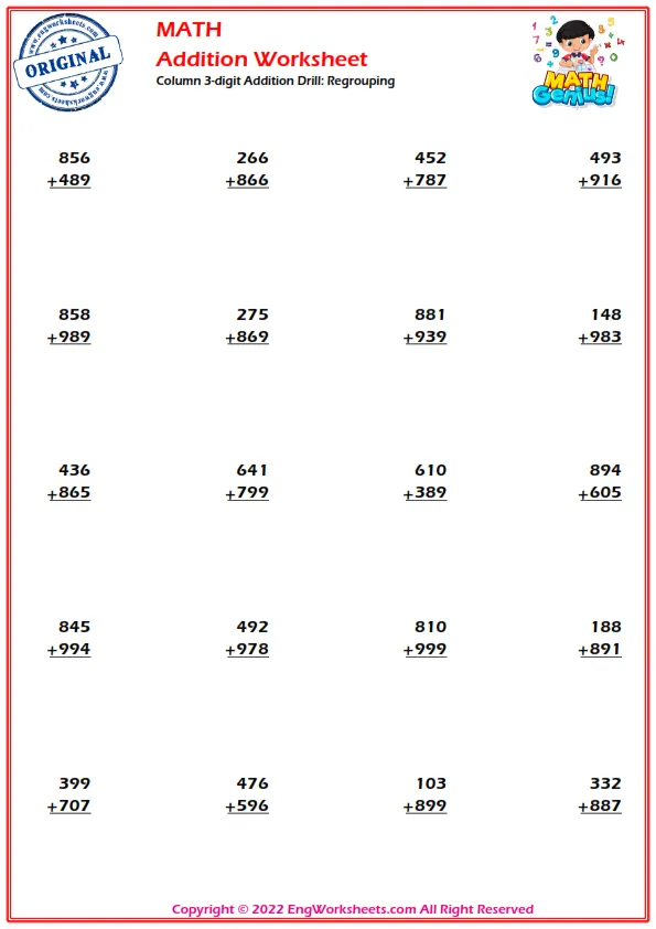 Column 3-digit Addition Drill: Regrouping